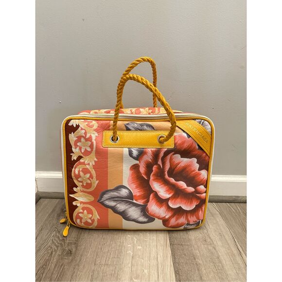 Balenciaga Floral Printed Leather Travel Blanket Square Tote Bag Yellow - Picture 1 of 14